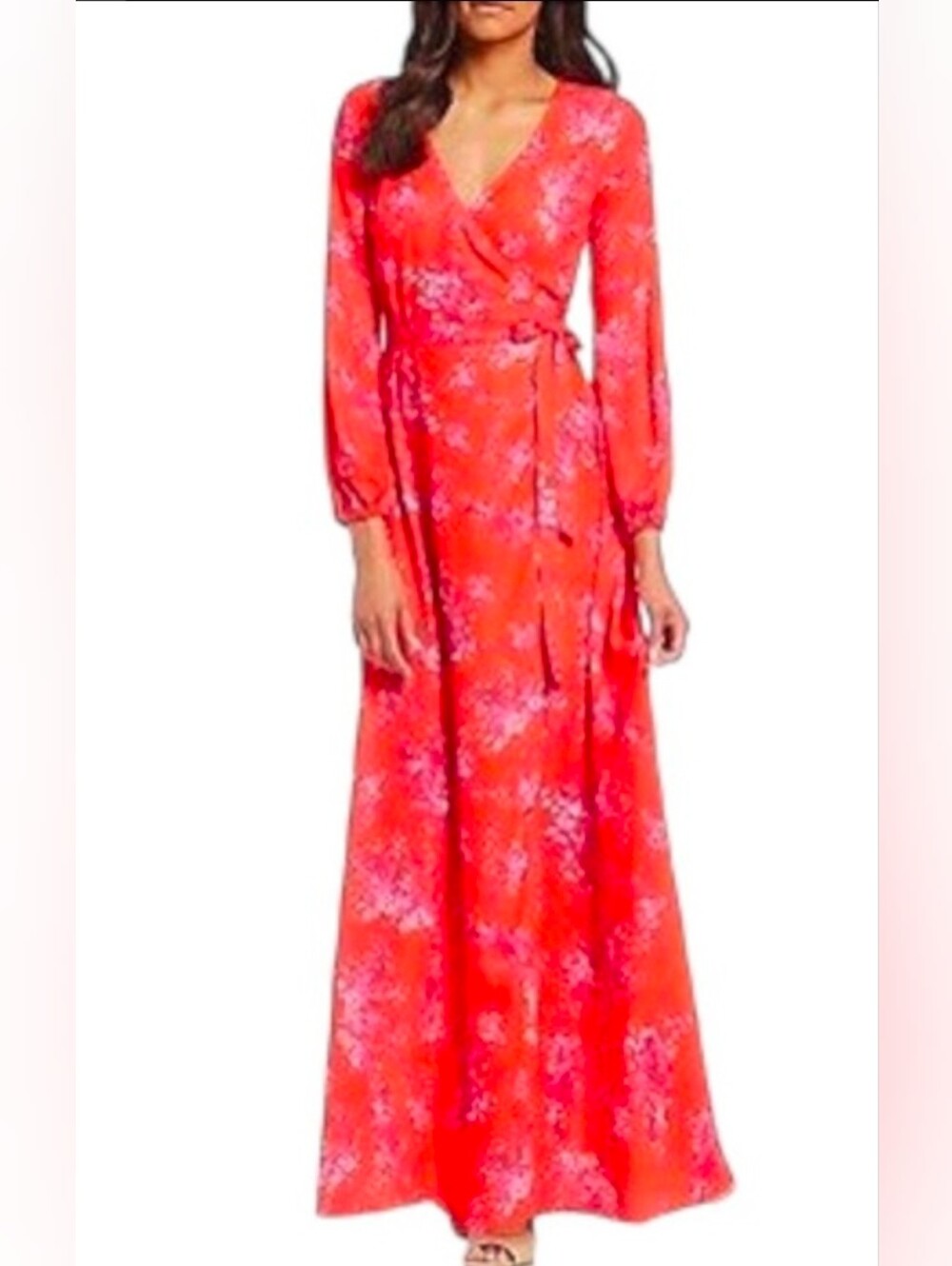 Gianni Bini Womens Wrap Maxi Dress M Grenadine Cherry Floral Chiffon Long Sleeve